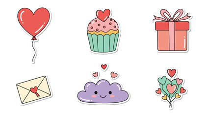 Valentine's Day Icon Set: A collection of delightful Valentine's Day icons, perfect for expressing love and affection, featuring a heart balloon, cupcake, gift box, letter, cloud.