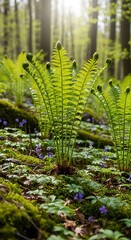 Lush green ferns thrive in a sunlit forest environment.