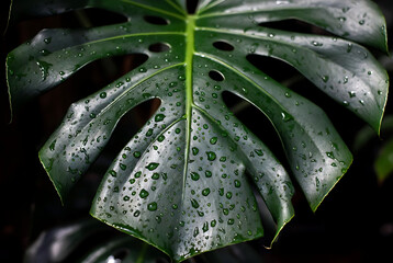 Green Monstera Leaf Texture with Natural Water Drops