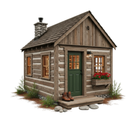 Charming wooden cabin with garden countryside digital isolated on transparent background