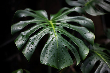 Green Monstera Leaf Texture with Natural Water Drops