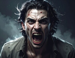 Close-up of a furious, bloodied man screaming. Dark setting with ominous smoke in the background, conveying intense rage