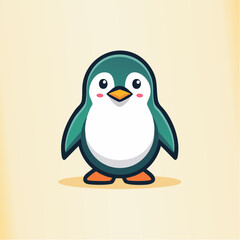 Cartoon penguin with a teal back and white belly standing on orange feet.
