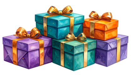 Watercolor gifts stacked, vibrant hues, tied with gold ribbons, against a transparent backdrop