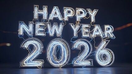 Happy New Year 2026 glowing neon text with electric lightning celebration