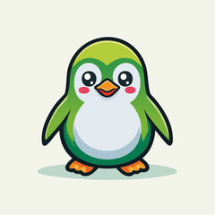 Cartoon illustration of a cute green penguin with big eyes and orange feet.