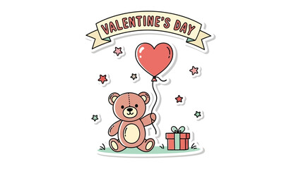 Fototapeta premium Valentine's Day Bear with a Gift: A cute teddy bear holds a heart-shaped balloon, a gift nearby, surrounded by stars, embodying love, and perfect for Valentine's Day.