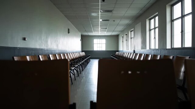 Empty waiting area with rows of chairs and large windows