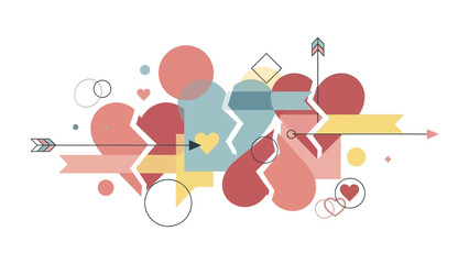 Love's Fragmented Path: This striking vector image depicts an abstract portrayal of love's complexities. The central theme of broken hearts, amidst artistic elements.
