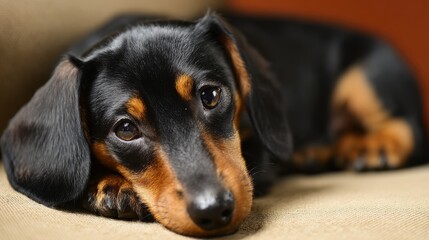 Dog resting on a sofa at home, showing relaxed posture and expressive eyes in a warm indoor setting during the afternoon