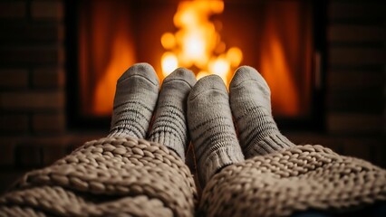 A couple's feet in cozy woolen socks relaxing by a warm fire, representing Hygge, relaxed intimacy, and winter comfort.