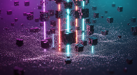 Futuristic Floating Cubes with Neon Lights in Cyberpunk Digital Space, Purple and Teal Technology Abstract Background