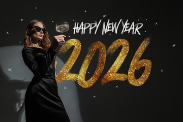 Elegant young woman in a black dress and sunglasses holding a champagne glass to celebrate 2026. Features large golden glitter numbers and Happy New Year text on a dark, stylish background