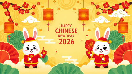 Naklejka premium Happy chinese new year 2026 greeting with cartoon rabbits