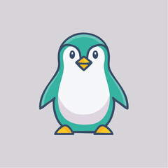 Cartoon penguin with teal and white feathers standing on a gray background.