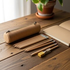 Wooden desk with pencils, case, and notebook.