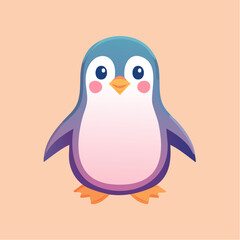 Cartoon penguin with a blue head, white belly, and orange feet standing on a peach background.