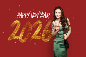 Festive 2026 New Year celebration featuring a stylish woman in a green silk dress holding champagne. Sparkling gold glitter numbers and Happy New Year text on a vibrant red holiday background