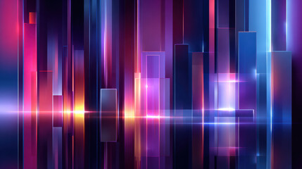 Neon light skyline abstract city glass tower reflection vertical bars glowing horizon