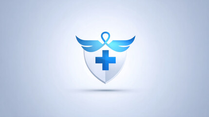Blue medical shield with winged ribbon and cross symbol conveying healthcare protection and hope