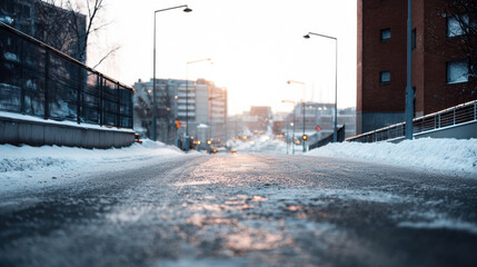 Snowy urban street at sunrise with icy road and distant city buildings