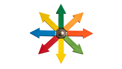 Colorful wooden arrows radiate from a central metal hub, black background