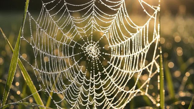 Dewy spider web sparkling with morning light. silk threads and water droplet covered grass bokeh creating close up serene sparkling natural pattern