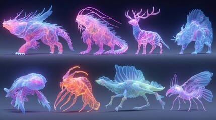 Neon-themed fantasy creatures glowing with electric hues, cyberpunk-inspired designs, dynamic poses perfect for digital art, NFT collections, and gaming assets.
