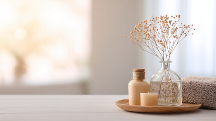 Dried flower in glass vase candle lotion bottle wooden tray towel spa scene minimalist neutral tones
