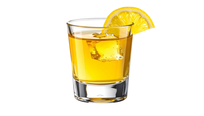 A golden, alcoholic beverage in a shot glass with a lemon wedge