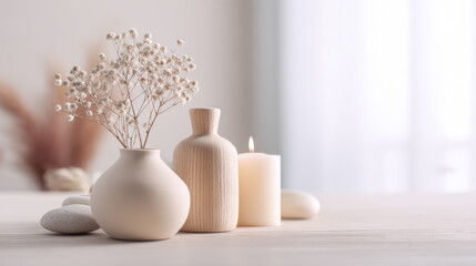 Dried baby breath ceramic vase wooden bottle lit candle smooth stones neutral decor