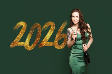 Beautiful young woman in a green silk dress holding champagne to celebrate 2026. Features large golden glitter numbers on a dark green background. Stylish New Year's Eve party and holiday concept.