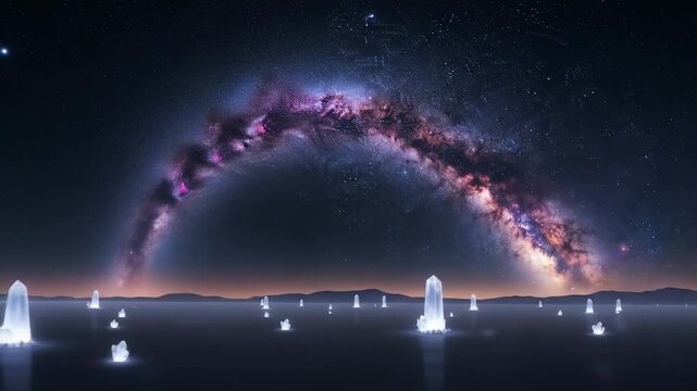 Galactic panorama of the Milky Way arching over a crystal-filled alien landscape