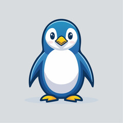 Cartoon penguin with blue and white plumage, yellow beak and feet, standing against a light gray background.