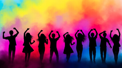 Silhouettes of people celebrating with colorful background