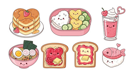 Kawaii Food Delight: A delightful assortment of adorable, heart-shaped food items, featuring charming illustrations of pancakes, bento box creations, and other food. 