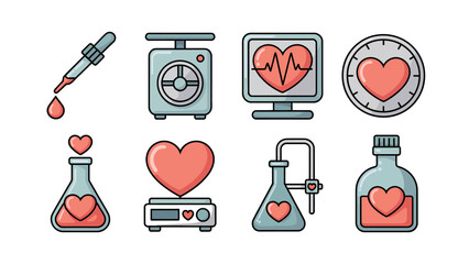 Cardiology Laboratory Icons: A collection of meticulously designed icons representing core elements of cardiovascular health, ranging from a heart rate monitor to a vial of love potion.