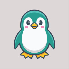Cartoon penguin with teal feathers, white belly, yellow feet, and pink cheeks.