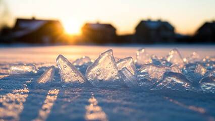 Golden sunset reflecting on sharp ice shards with frozen bubbles on a serene winter lake