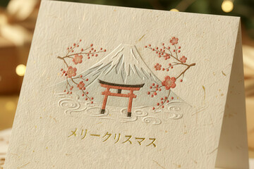 Close-up of a textured Japanese Christmas card with embossed details. Soft lighting highlights paper grain and vintage charm.