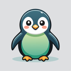 Cute cartoon penguin with big eyes and rosy cheeks standing on a light gray background.