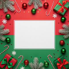 Winter holiday background with Christmas ornaments, pine branches, snowflakes, candy canes and wrapped gifts