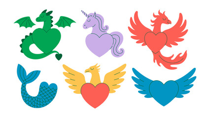Whimsical Hearts: Six vibrant heart-shaped illustrations, each representing a magical creature, arranged in an enchanting design. Featuring mythical creatures.