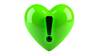 Glossy, vibrant green heart with a black exclamation mark centered, isolated on a stark black background