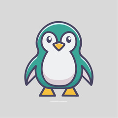 Illustration of a cute penguin with teal feathers and yellow feet standing on a gray background.