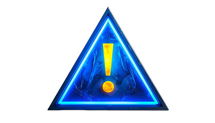 Illuminated blue warning symbol, neon triangle, yellow exclamation mark, dark background