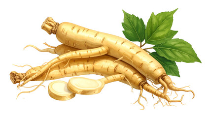 Illustration showcases several elongated, beige roots alongside a cluster of green leaves, with two cross-section pieces