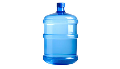 Transparent, blue, plastic container used for storing potable drinking water in a home or office setting