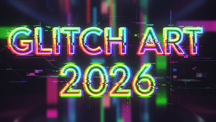 Glitch art design with neon colorful text 2026 on dark background