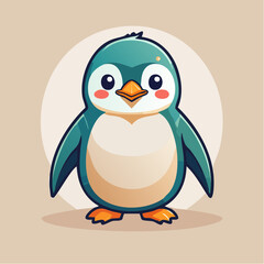 Cartoon illustration of a cute penguin with a blue head and white belly standing against a beige background.
